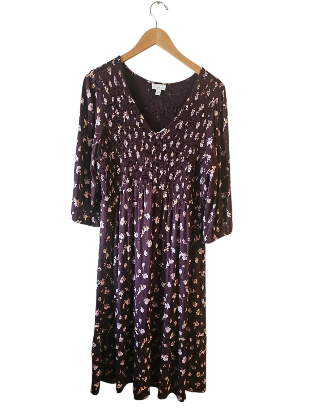 J. Jill Plum Purple Floral Smocked Tiered Flounced-Hem Midi Dress Medium Petite - Picture 5 of 11